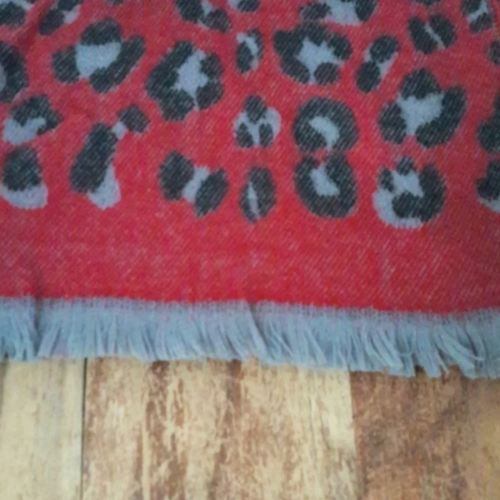 Fashion Nova Red And Gray Fringed Leopard Scarf